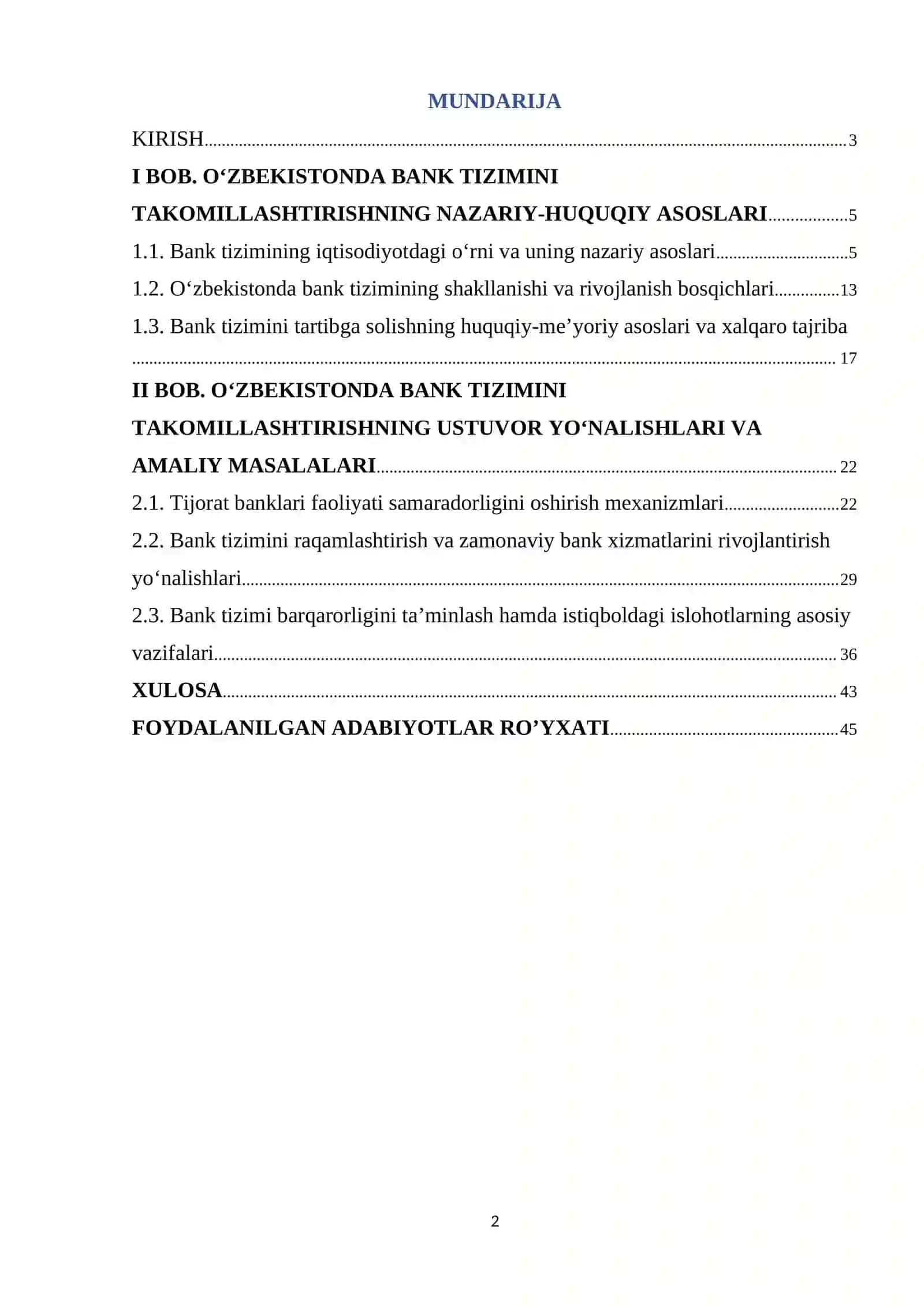 O’zbekistonda bank tizimini takomillashtirish vazifalari va asosiy yo’nalishlari 2