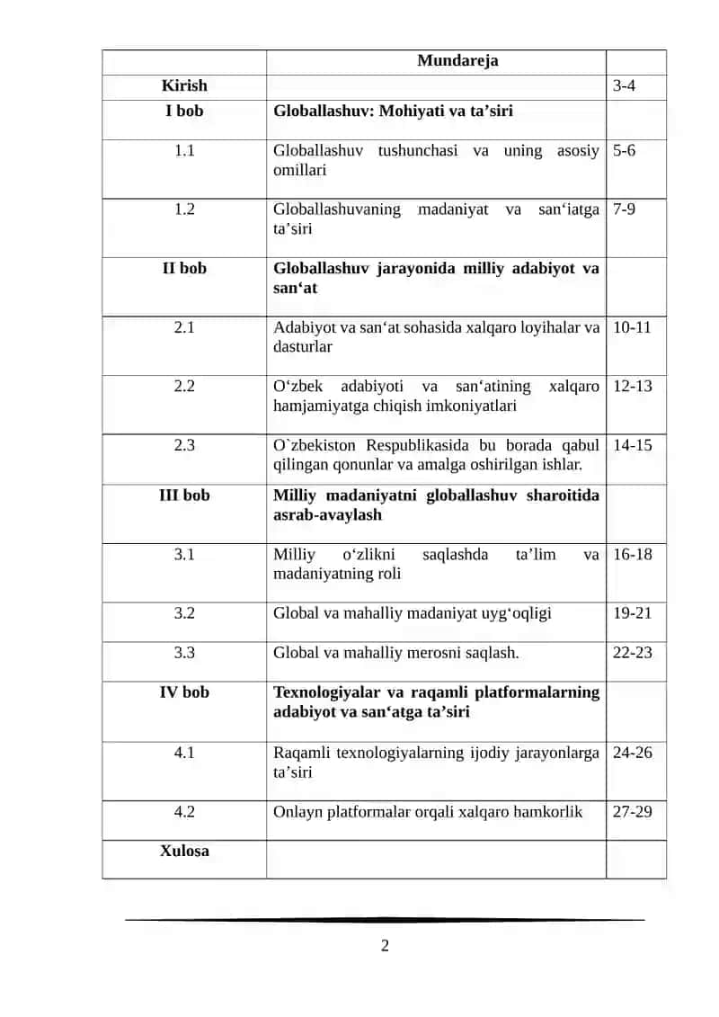 Glaballashuv va milliy madaniy adabiyot va sanat sohalarida hamkorlik imkonyatlari 2