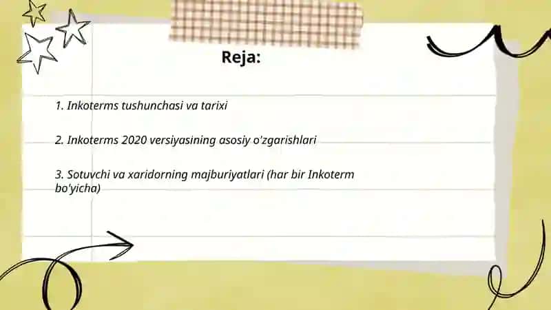 Inkoterms tovarlarni yetkazib berish shartlari va tartibi 2