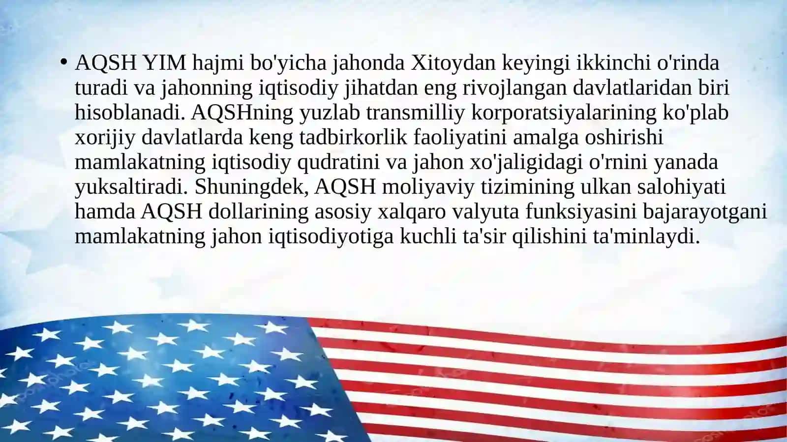 Amerika Qóshma Shtatlari xo‘jaligi va iqtisodiy rayonlari degan mavzuda slayd ishi. 9-sinf geografiya fanidan dars ishlanma. 2