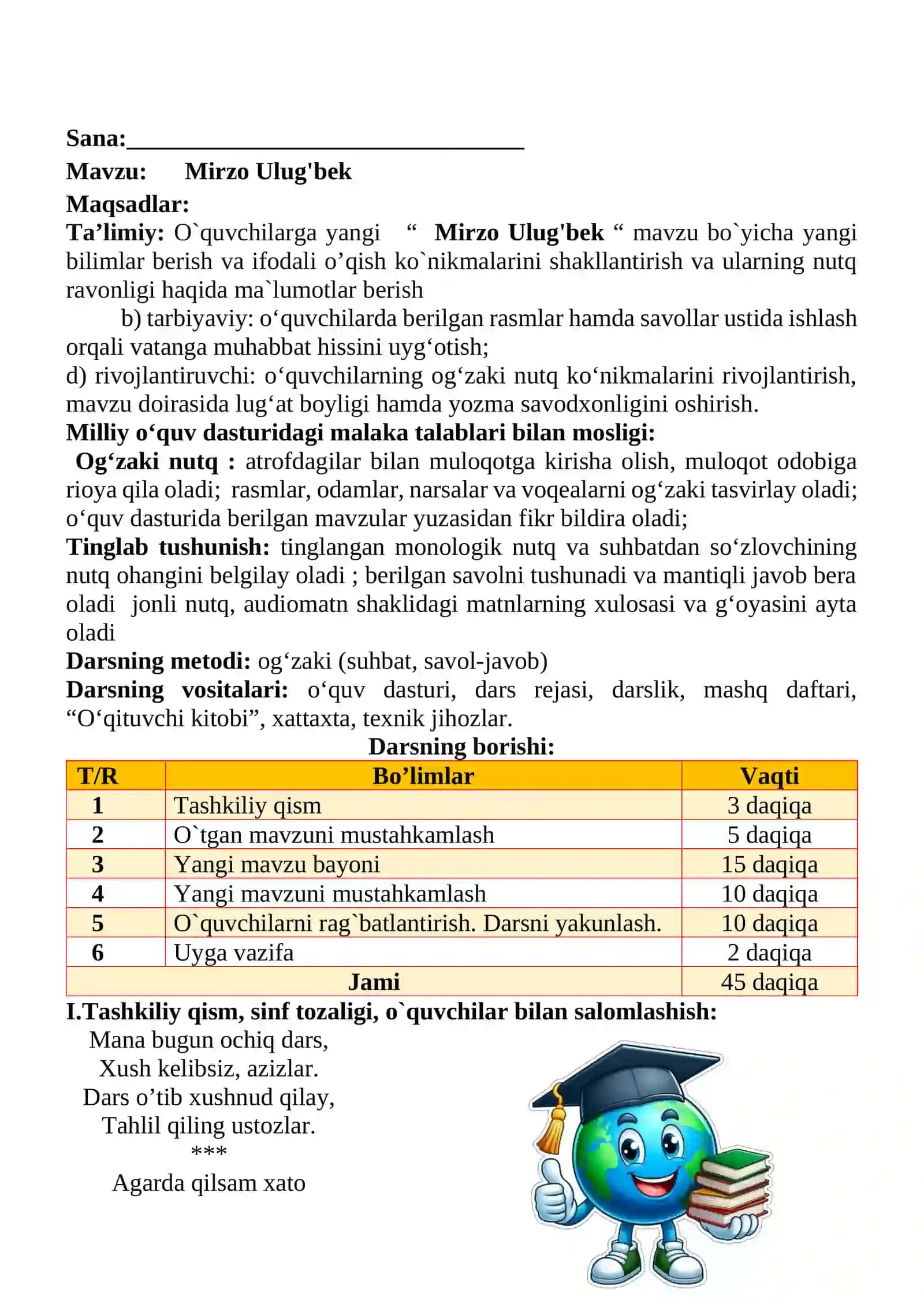 Mirzo Ulug'bek mavzusida 2-sinf O'qish fanidan dars ishlanmasi 2
