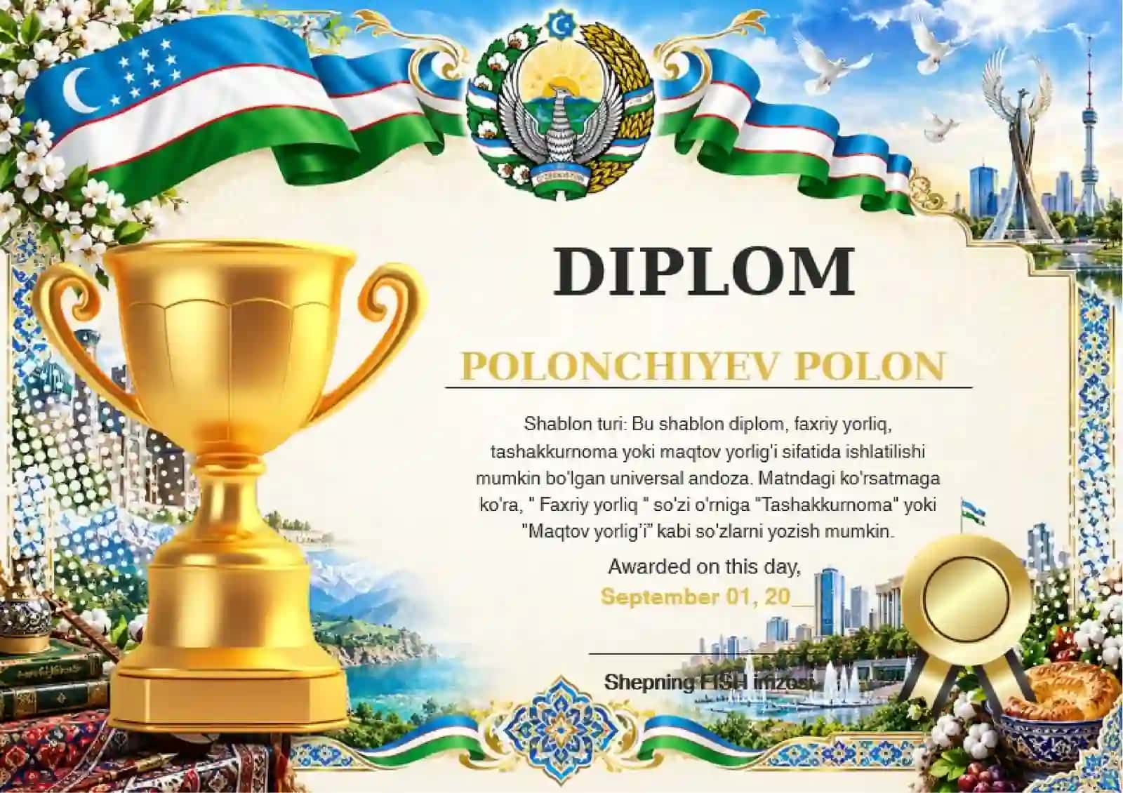Shablon diplom, sertifikat, faxriy yorliq, tashakkurnoma yoki maqtov yorlig'i 2