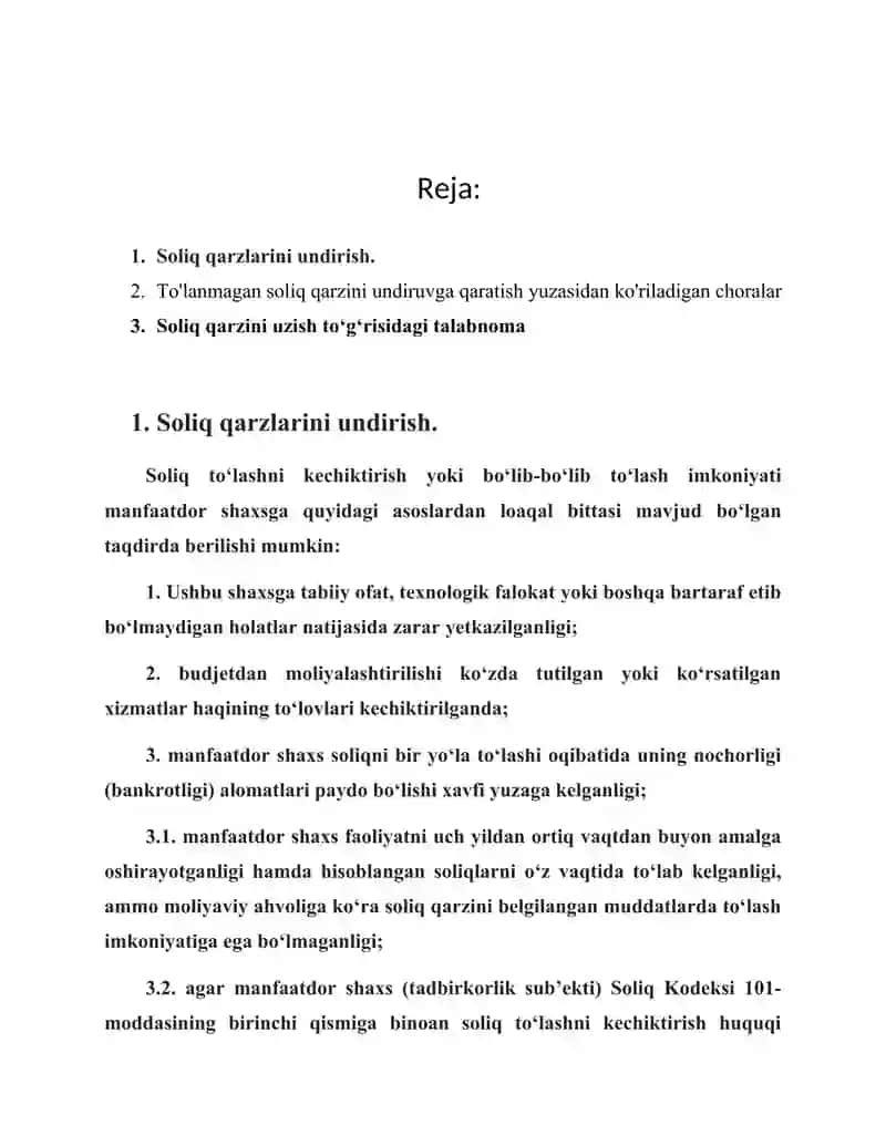 Soliq qarzini uzish to'g'risidagi talabnoma va   uning ijrosini ta'minlash usullari. 2