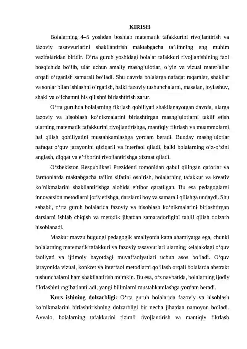 O‘RTA GURUH BOLALARIDA FAZOVIY VA HISOBLASH KO‘NIKMALARNI BIRLASHTIRGAN DARS NAMUNASI 2