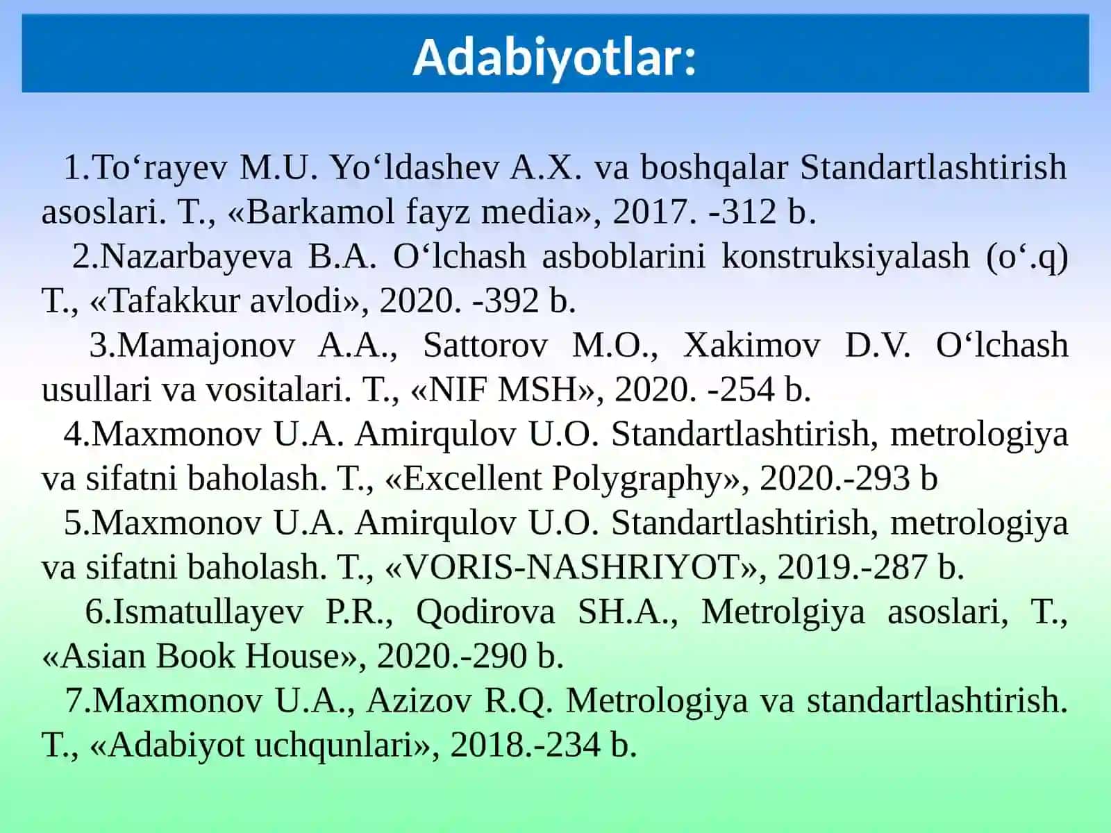 O‘lchash vositasi. O‘lchash vositalarinining tasnifi 2