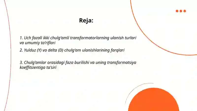 Uch fazali ikki chulgʻamli transfomatorlar chulgʻamlarining ulanish va transformatsiya koeffisiyentlari 2