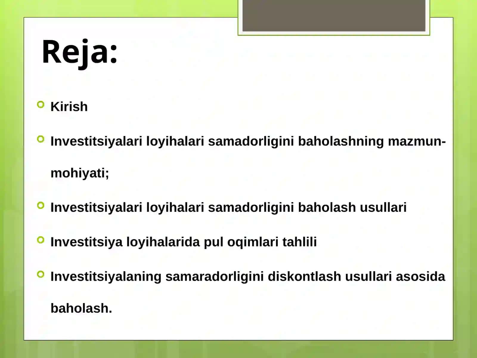 Investitsiyalari loyihalari samadorligini baholash asoslari 2
