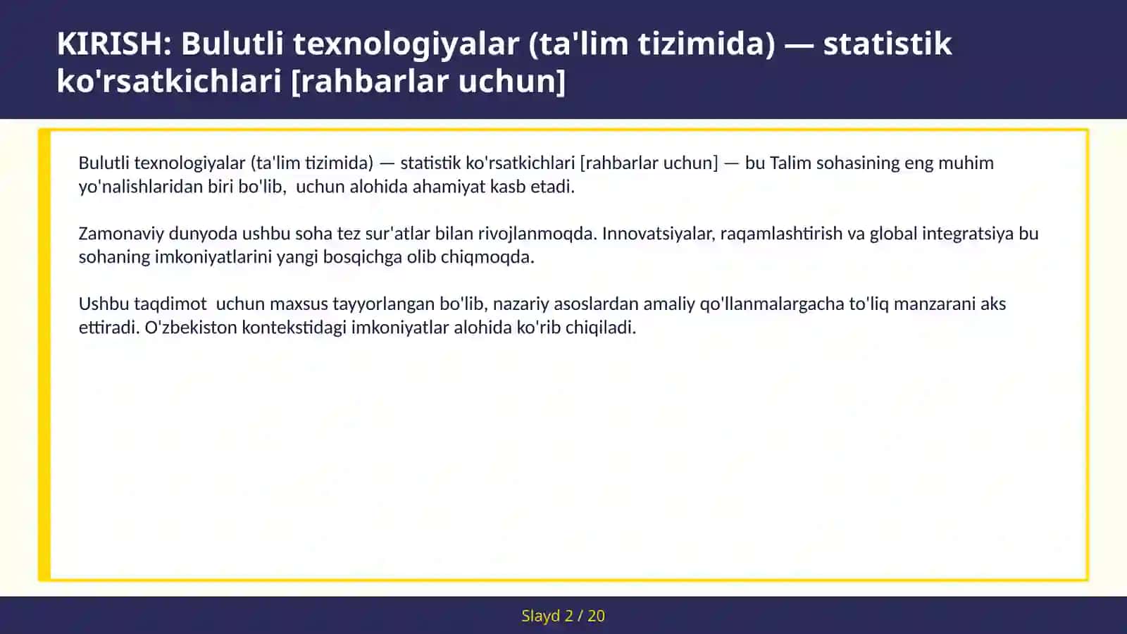Bulutli texnologiyalar (ta'lim tizimida) — statistik ko'rsatkichlari [rahbarlar uchun] 2