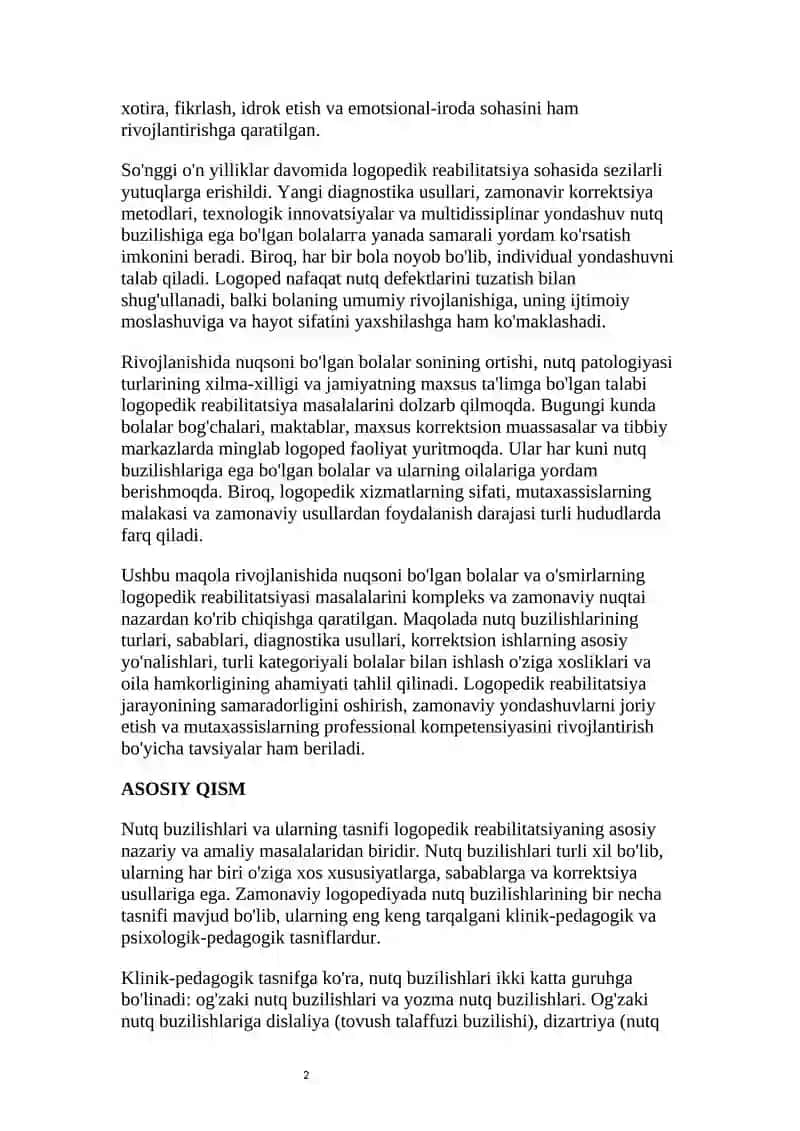 Rivojlanishida nuqsoni bo'lgan bolalar va o'smirlarning logopedik reabilitatsiyasi 2