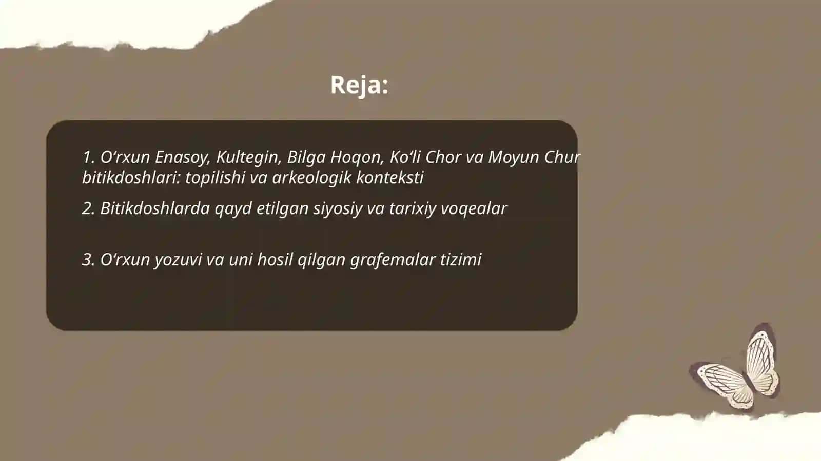 Qadimiy “Oʻrxun Enasoy”, “Kultegin”, “Bilga Hoqon”, “Koʻli chor” va “Moyun chur” bitikdoshlari 2