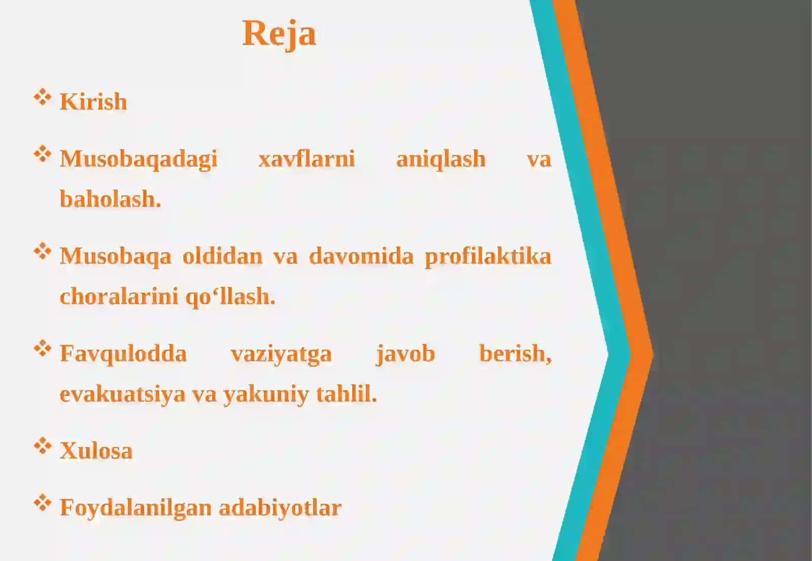Sport musobaqalarida favqulodda vaziyatlarning oldini olish choralari. 2