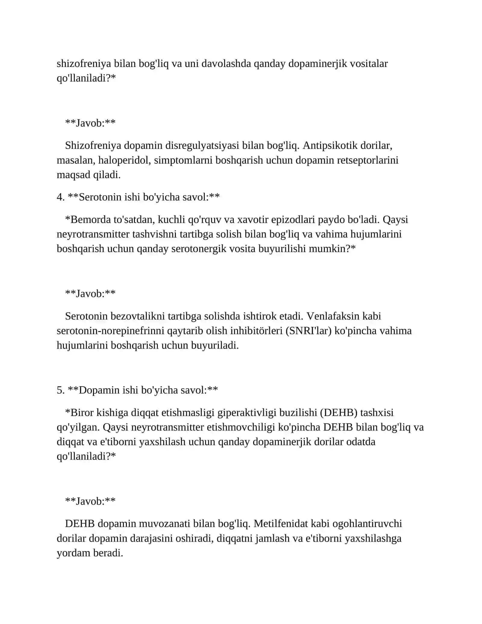 Dofamin va dofaminerhik vositalar. Serotonin va Serotoninergik vositalar mavzusida test 2
