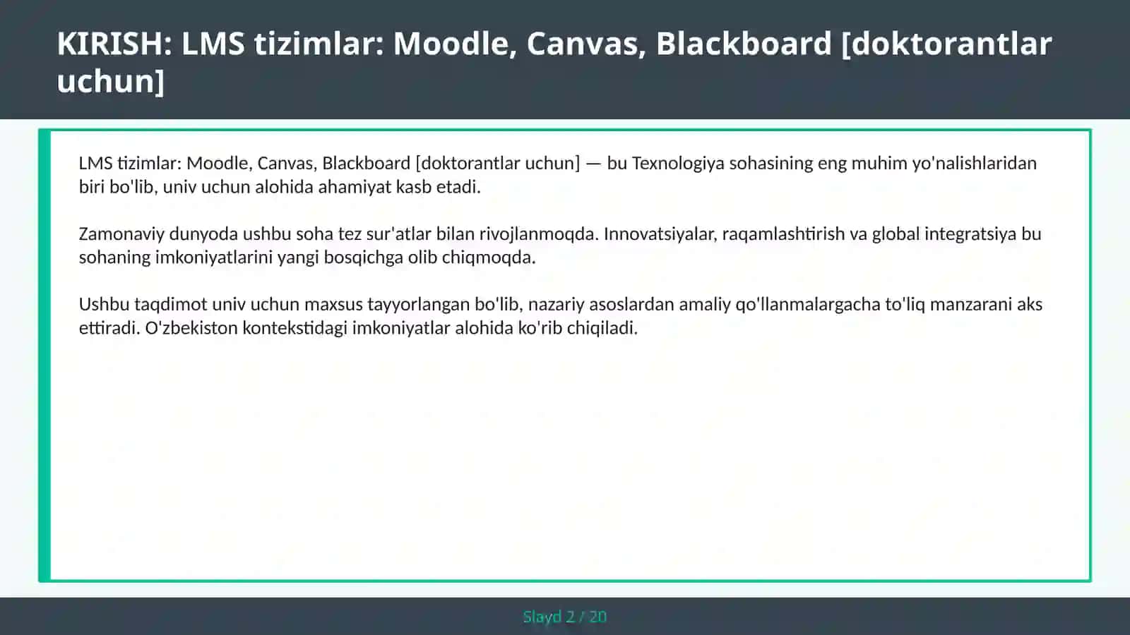 LMS tizimlar: Moodle, Canvas, Blackboard [doktorantlar uchun] 2