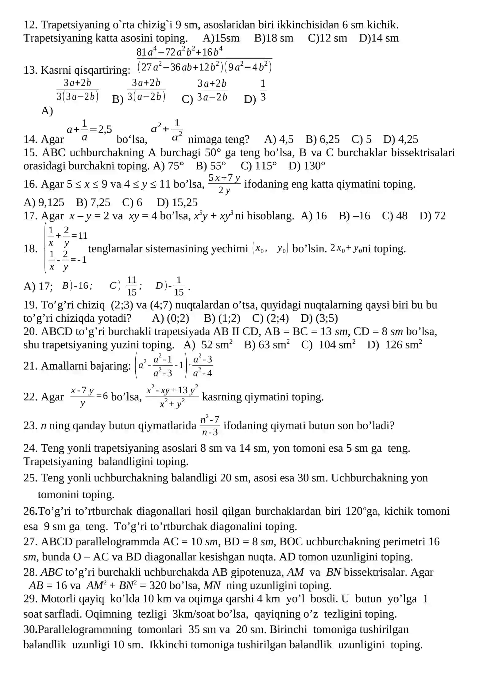 8-sinf uchun matematikadan Yozma ish 2