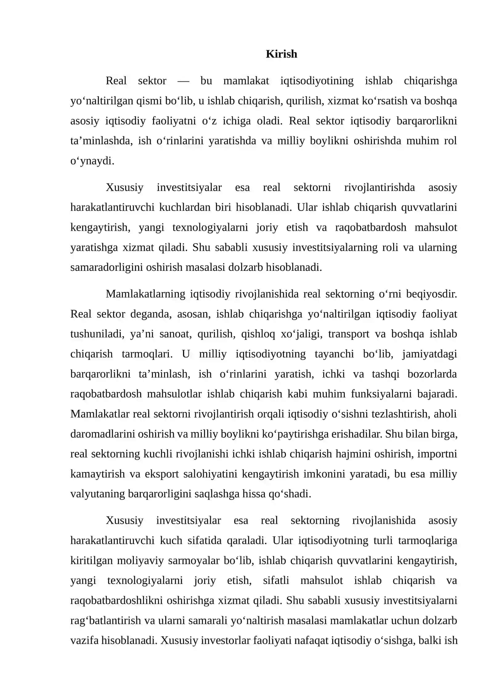 Xususiy Investitsiyalarning O‘rni Reja 2