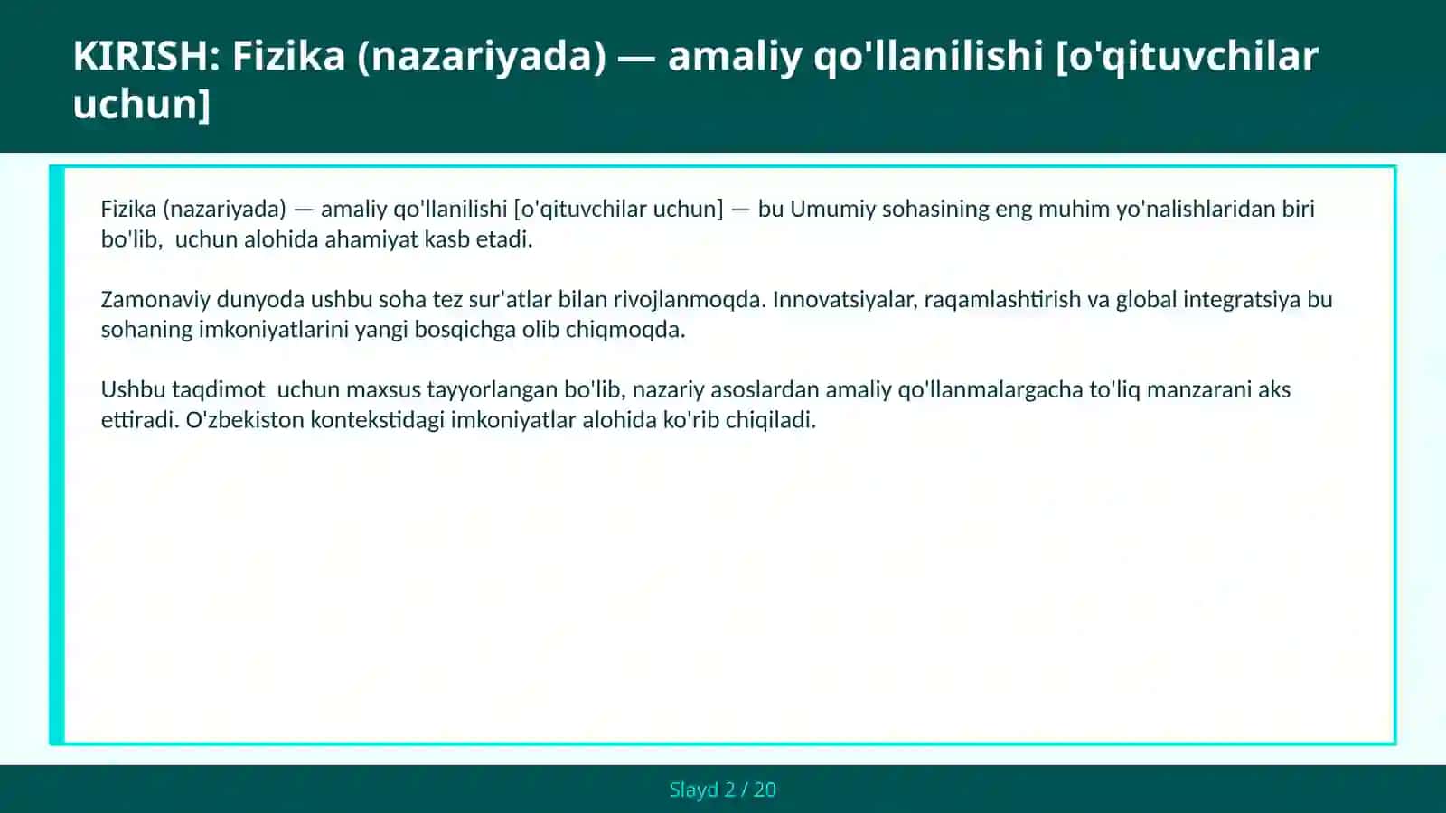 Fizika (nazariyada) — amaliy qo'llanilishi [o'qituvchilar uchun] 2