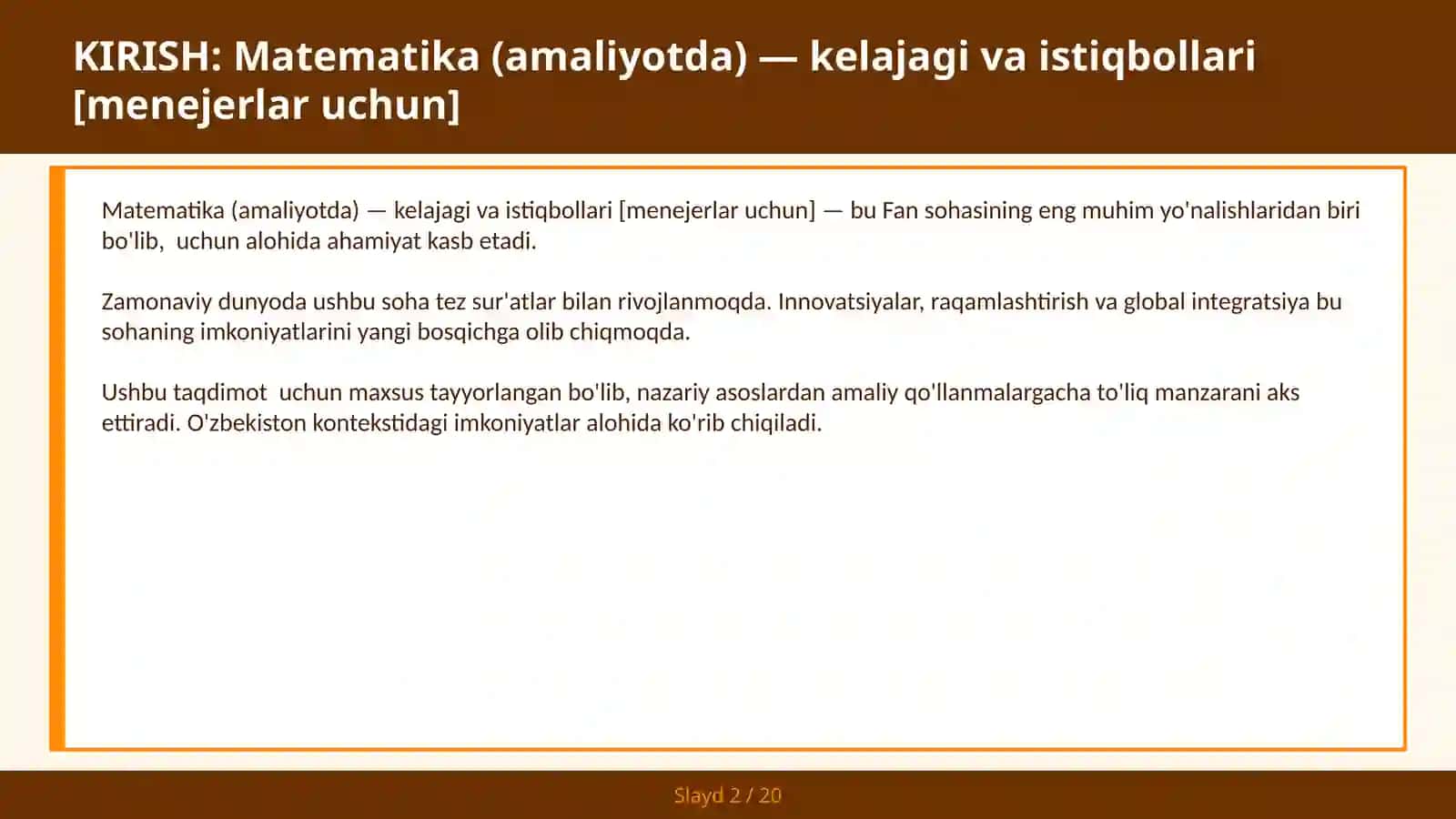 MATEMATIKA (AMALIYOTDA) — KELAJAGI VA ISTIQBOLLARI [MENEJERLAR UCHUN] 2