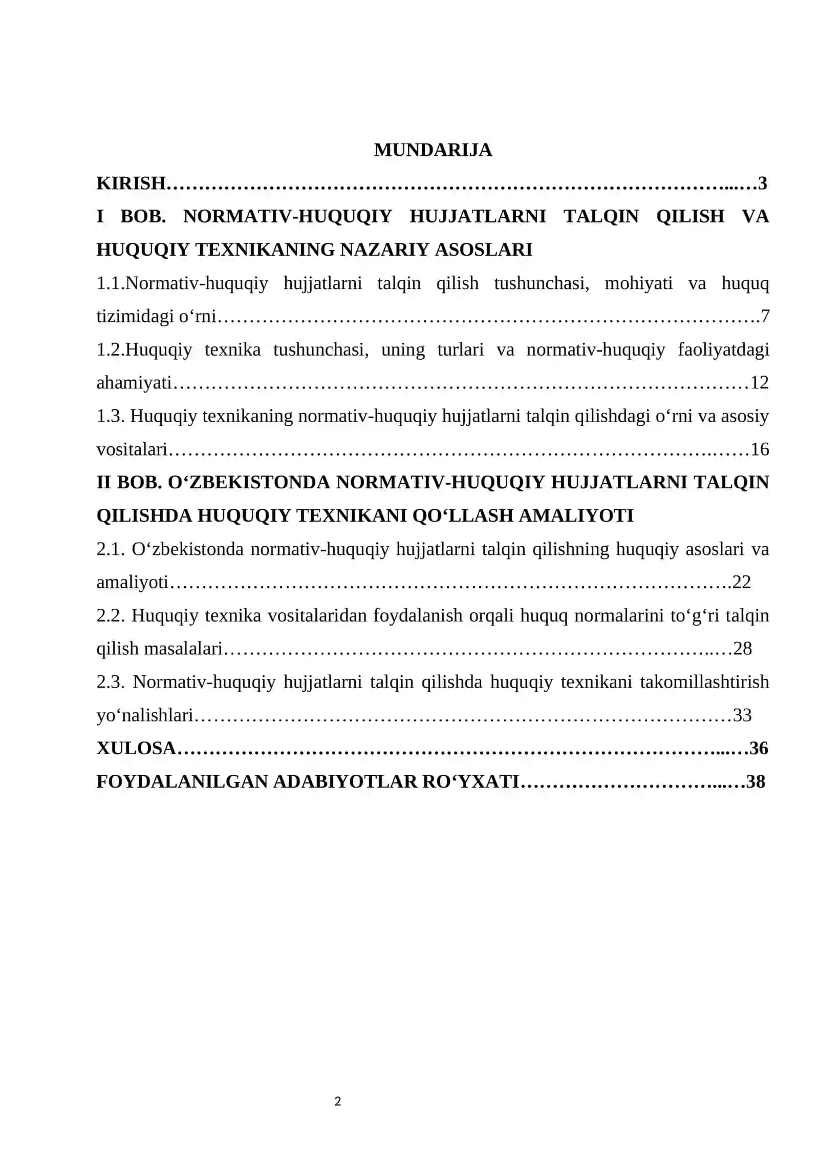 Normativ-huquqiy hujjatlarni talqin qilishda huquqiy texnika kurs ishi 2