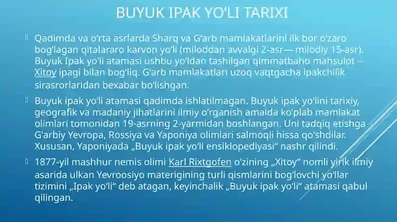 Buyuk Ipak yo’li va hozirgi zamon. O’zbekistonning turizm salohiyati 2