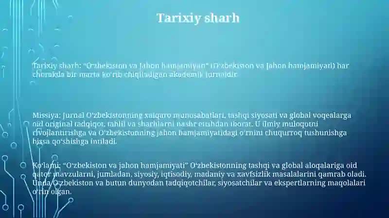 O'Zbekiston Va Jahon Hamjamiyati 2