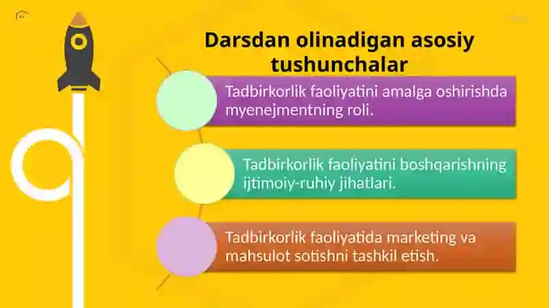 Tadbirkorlik faoliyatini amalga oshirish, dastlabki bo'lim 2