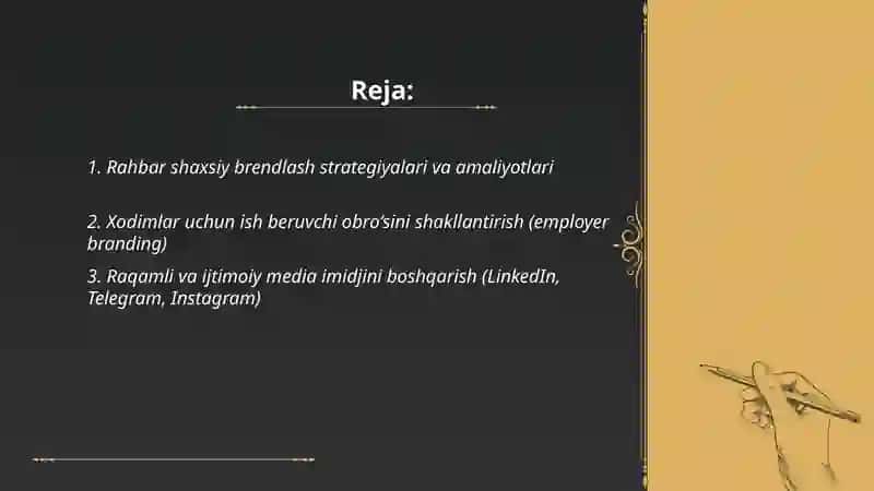 Rahbar shaxsiy brendlash strategiyalari va amaliyotlari 2