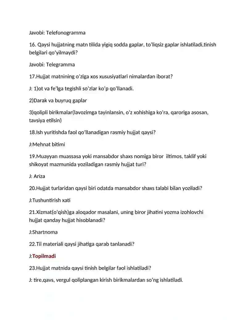 DAVLAT TILIDA ISH YURITISH FANIDAN SAVOLLARGA JAVOBLAR 2