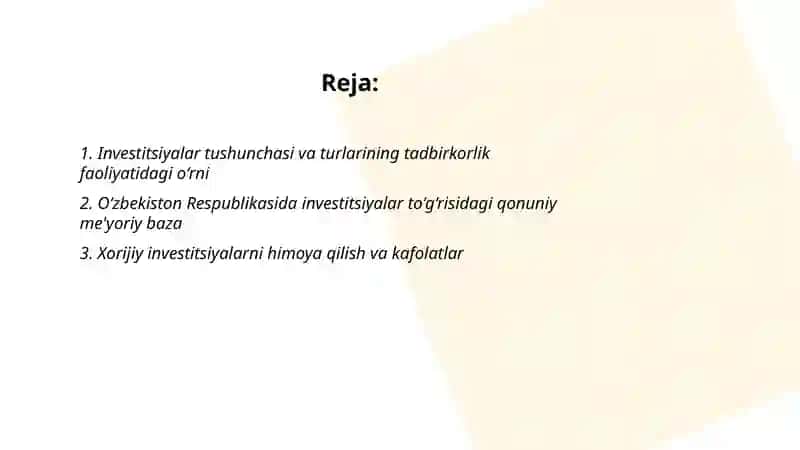 Investitsiyalar va ularning huquqiy himoyasi 2