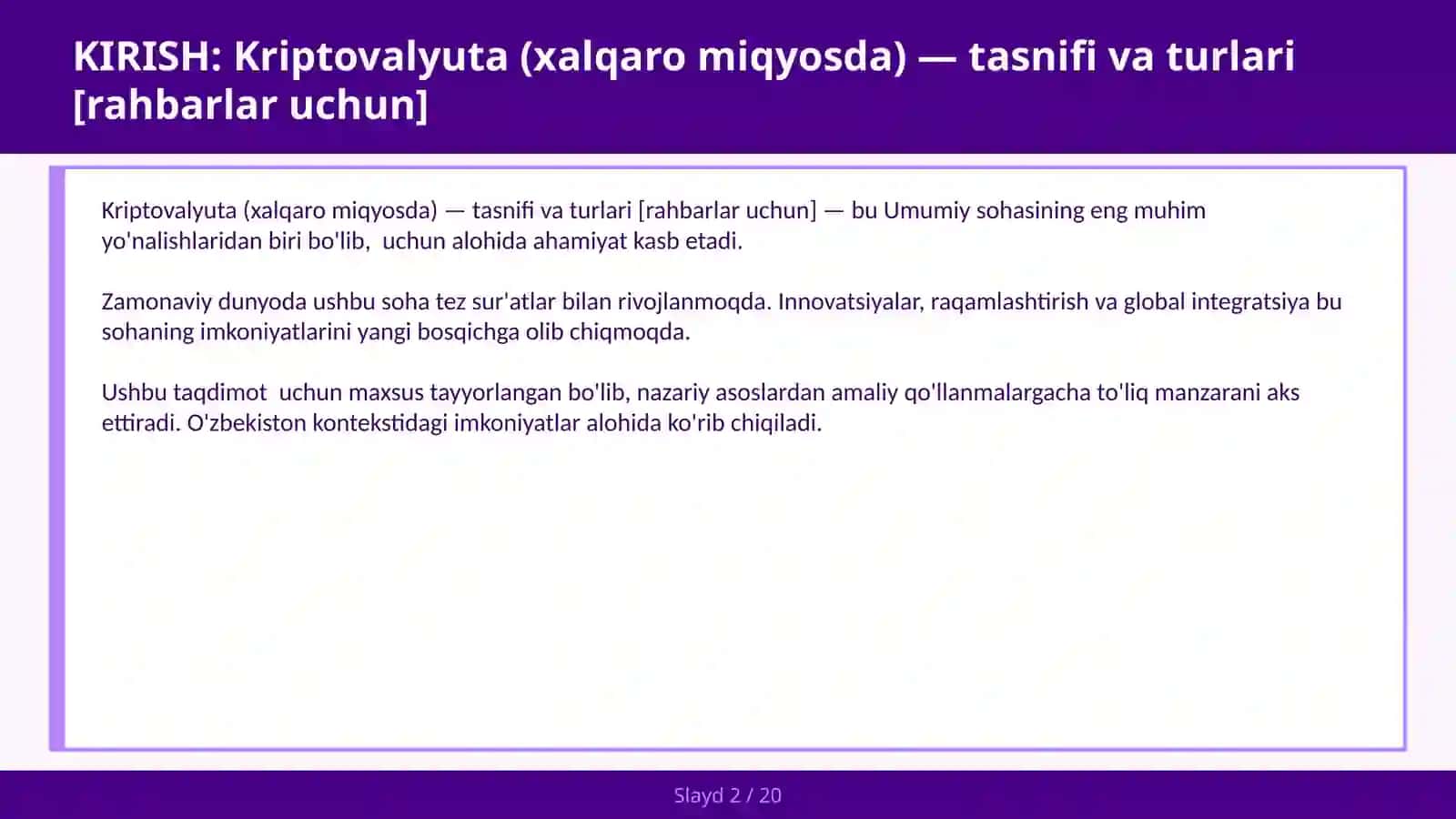 KRIPTOVALYUTA (XALQARO MIQYOSDA) — TASNIFI VA TURLARI [RAHBARLAR UCHUN] 2