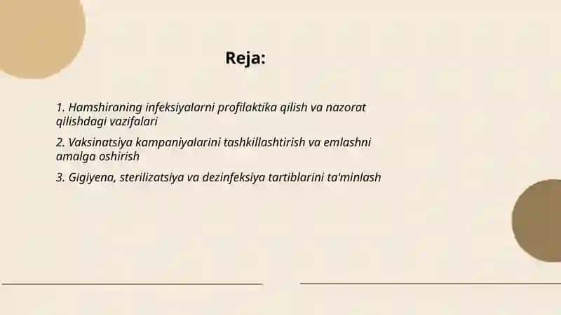Tibbiy muassasalarda hamshiraning aholi salomatligini saqlash,mustahkamlash,ularni yanada yaxshilashga qaratilgan profilaktik tadbirlar oʻtkazish boʻyicha asosiy vazifalar 2