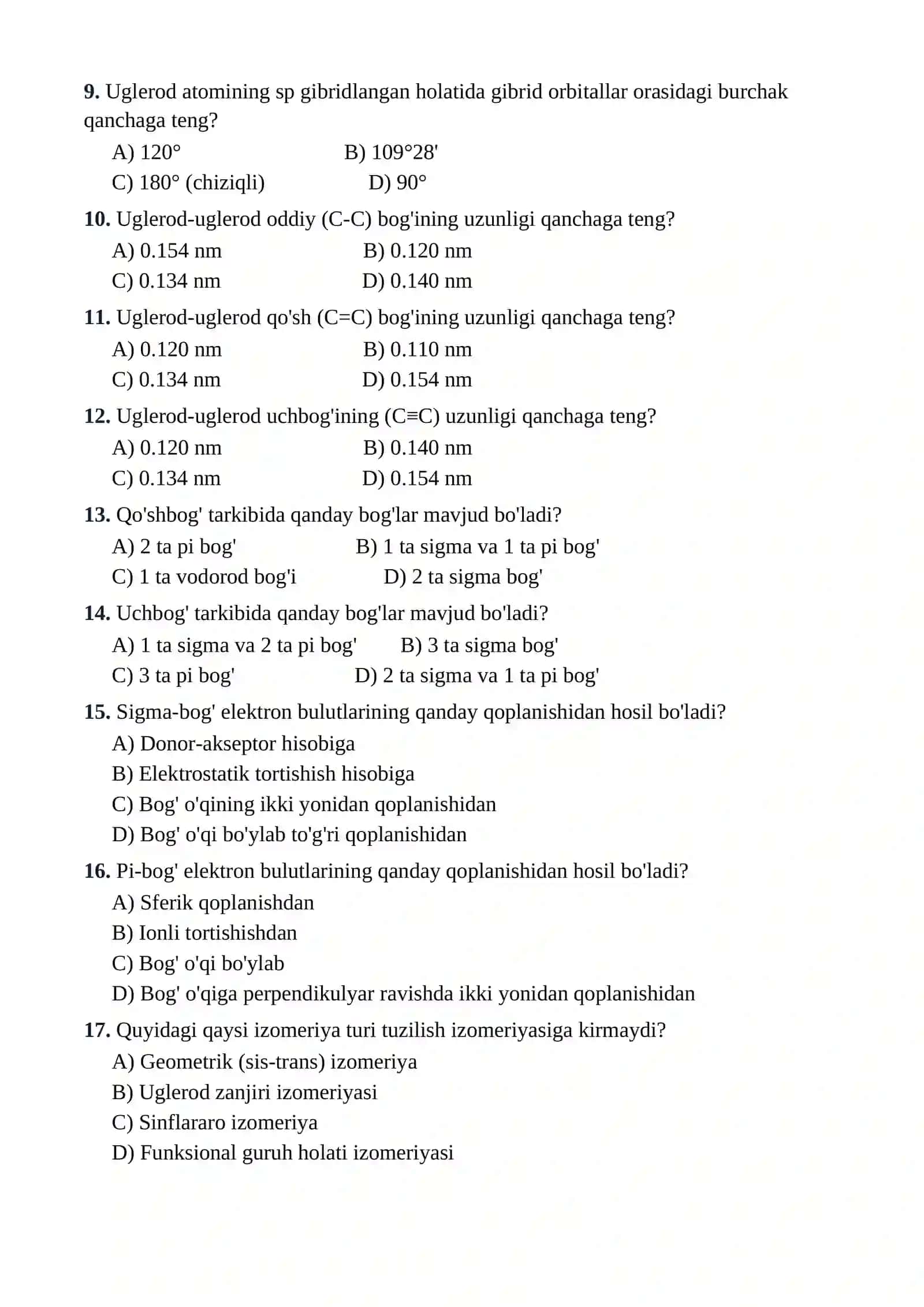 10-SINF KIMYO FANIDAN TESTLAR TO'PLAMI 2