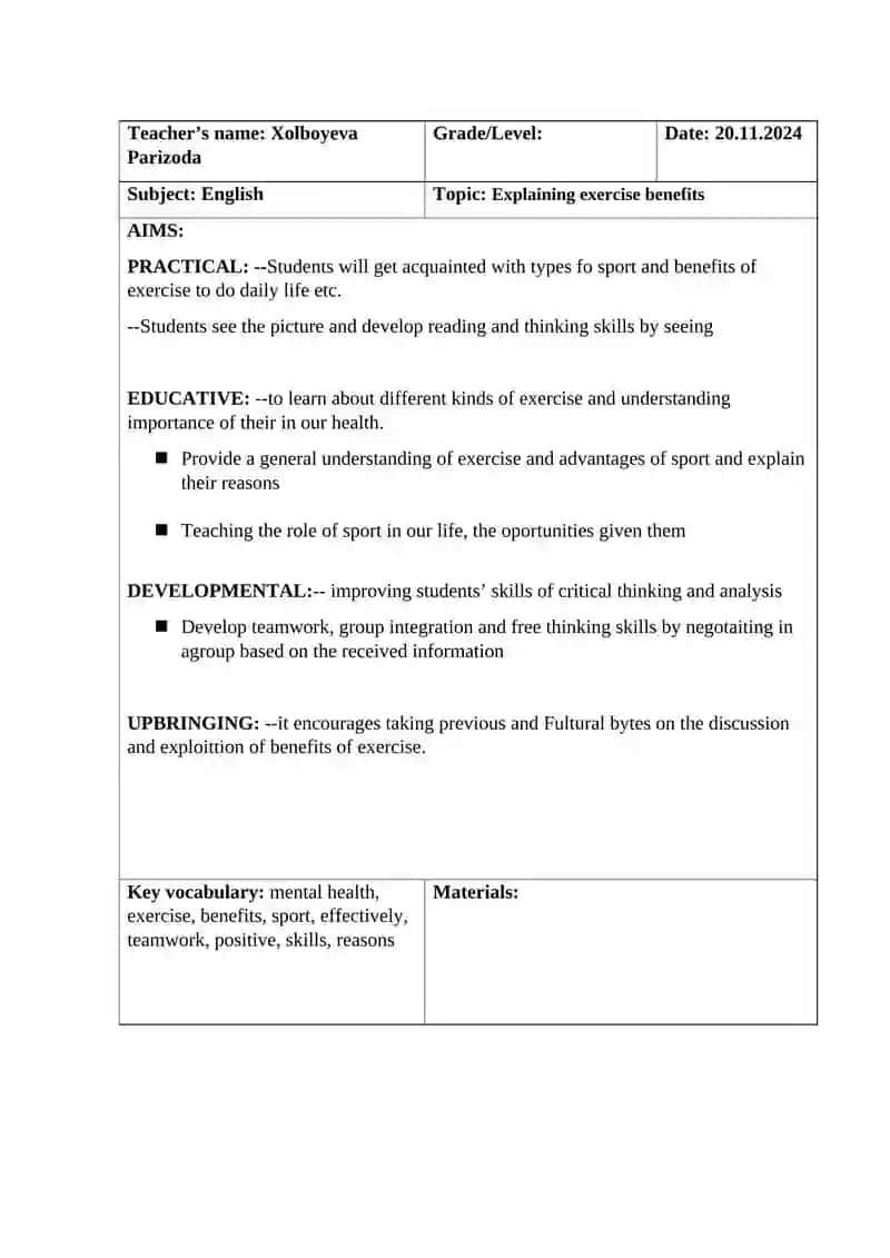 Explaining exercise benefits lesson plan 2
