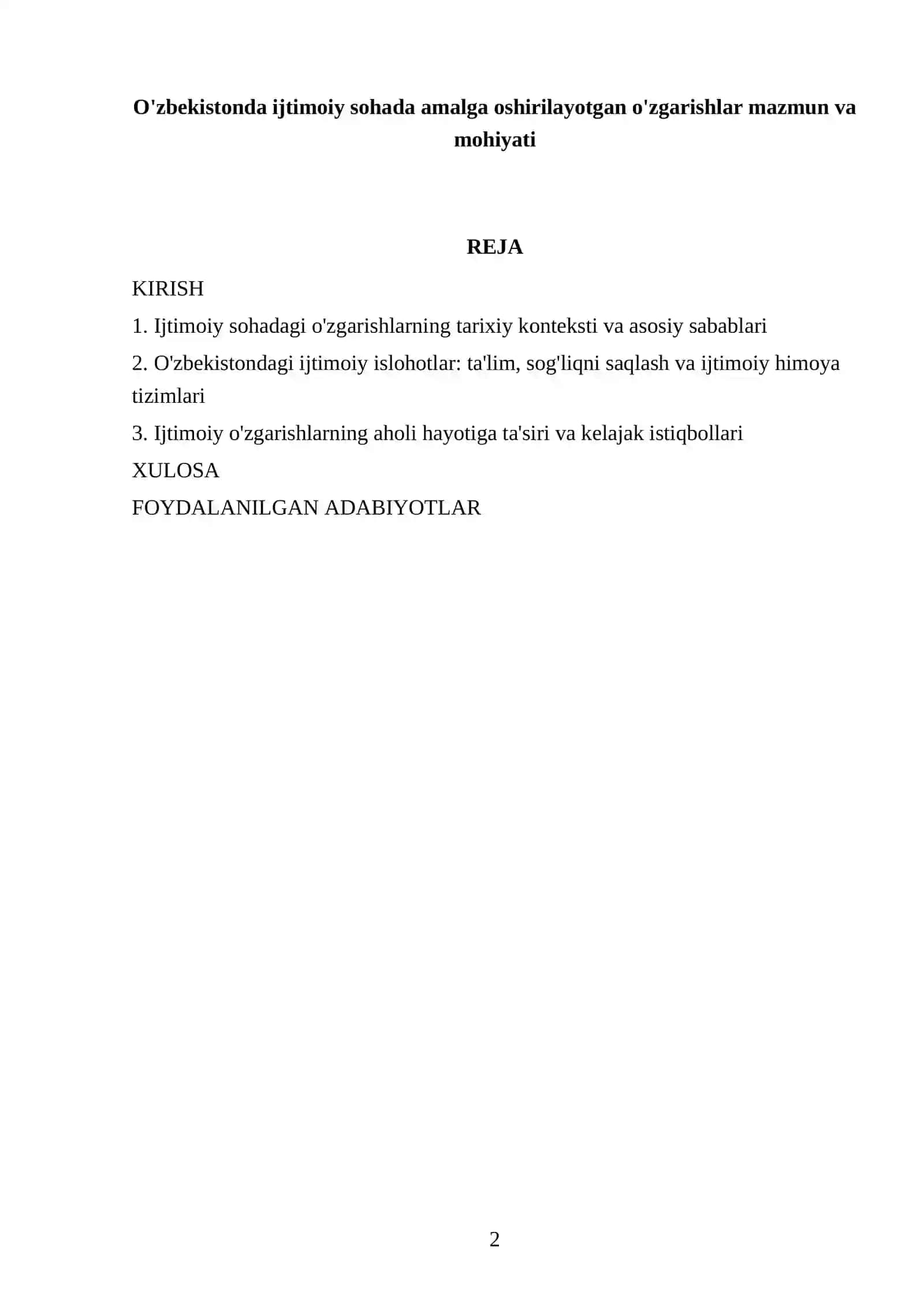 O'zbekistonda ijtimoiy sohada amalga oshirilayotgan o'zgarishlar mazmun va mohiyati 2