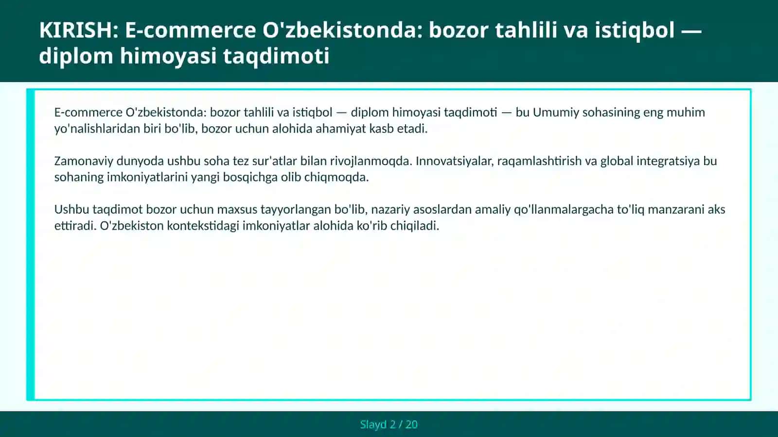E-commerce O'zbekistonda: bozor tahlili va istiqbol — diplom himoyasi taqdimoti 2