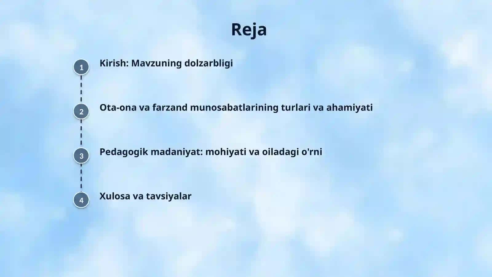 OTA-ONA VA FARZAND MUNOSABATLARI, OTA-ONALIK PEDAGOGIK MADANIYATI VA OILADAGI SOG‘LOM MUHITNI SHAKLLANTIRISH BO‘YICHA PEDAGOGIK VAZIYATLARNI TAHLIL QILISH 2