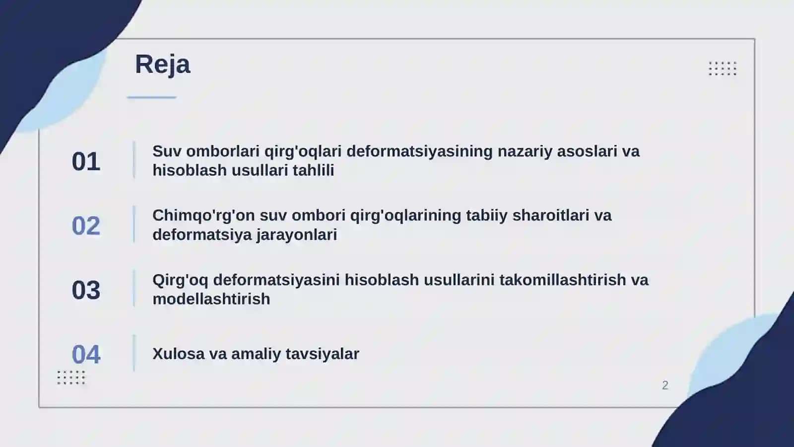 Suv omborlari qirg'oqlarining deformatsiyasini hisoblash usullarini takomillashtirish. 2