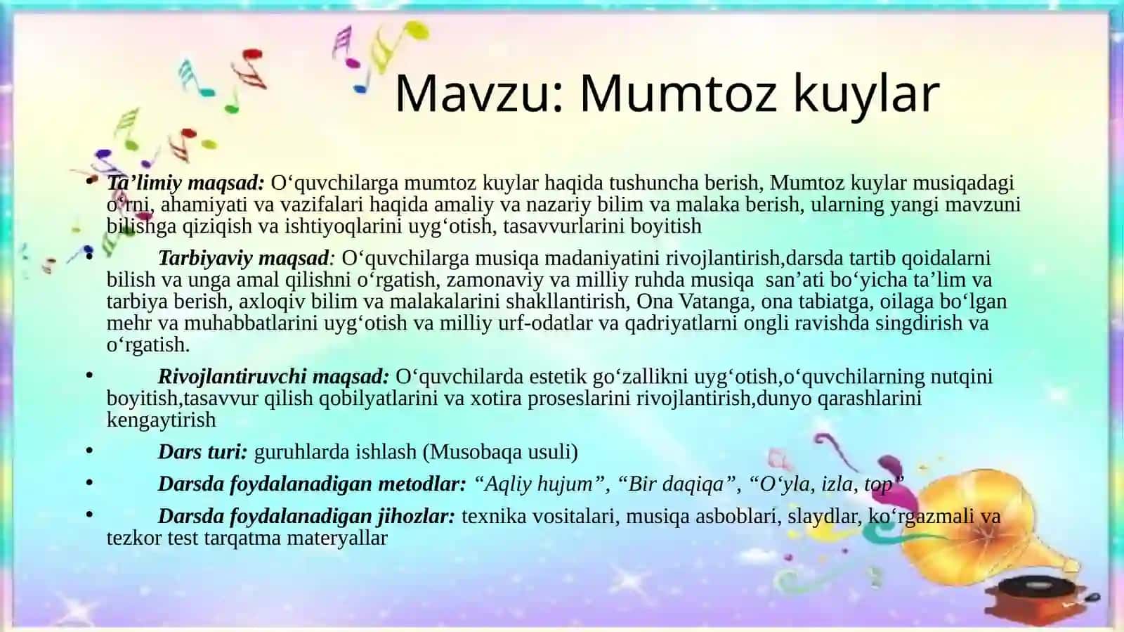 Musiqa fanidan Mumtoz kuylar mavzusida ochiq dars ishlanmasi 2