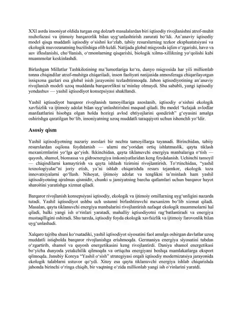 Yashil iqtisodiyot: Barqaror rivojlanishning asosiy omili sifatida 2