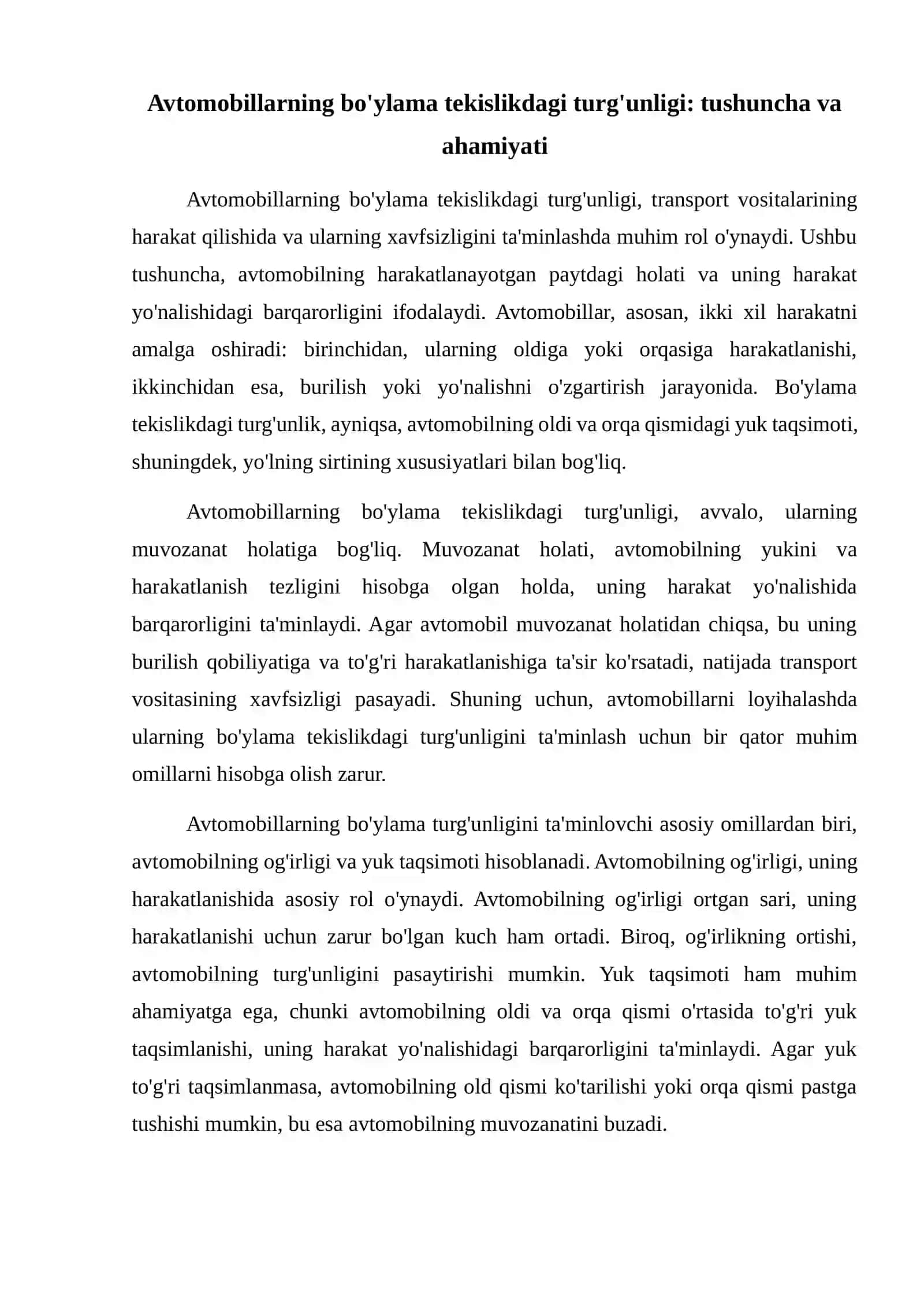 Avtomobillarning bo'ylama tekislikdagi turg'unligi 2