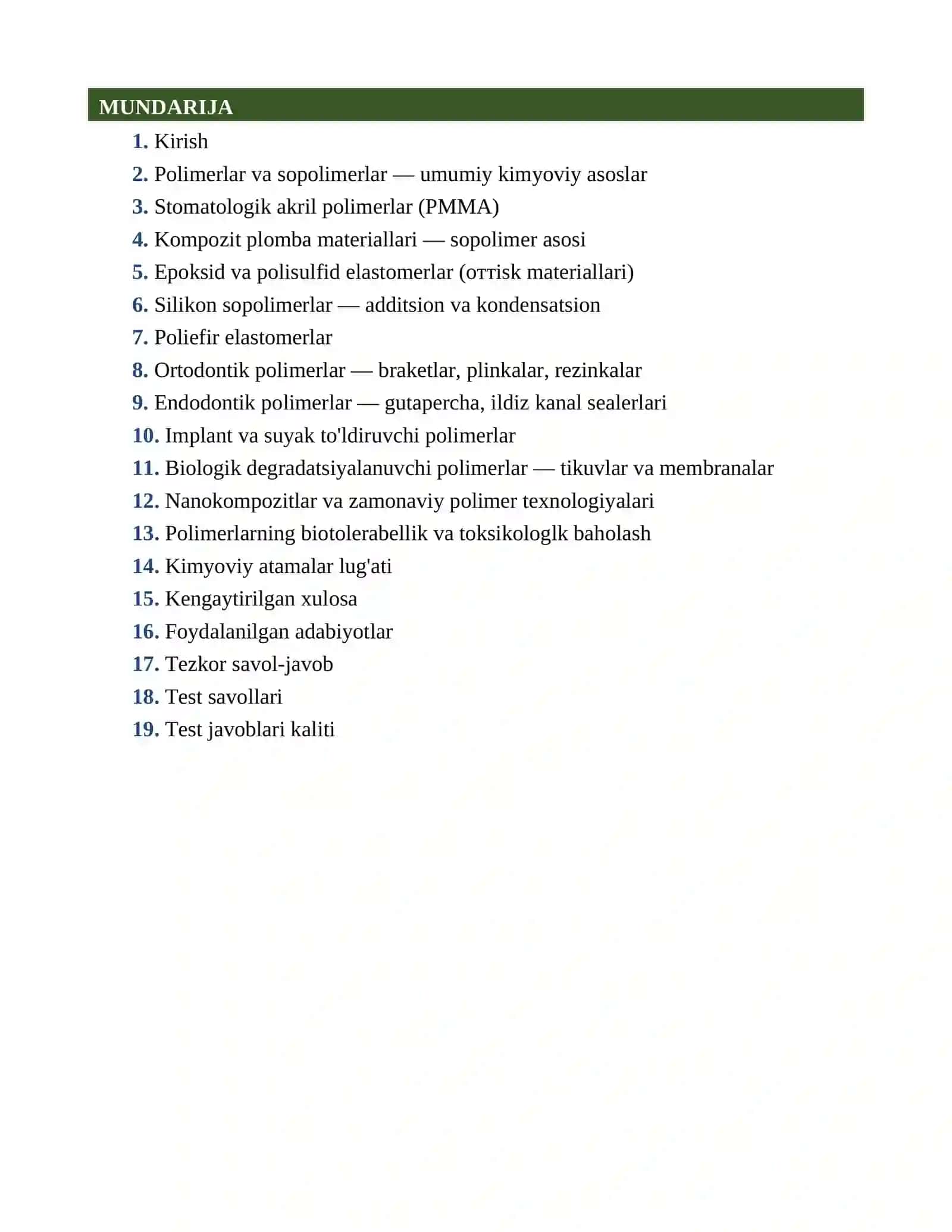 STOMATOLOGIYA YO'NALISHIDA QO'LLANILADIGAN POLIMERLAR VA SOPOLIMERLAR MUSTAQIL ISH 2