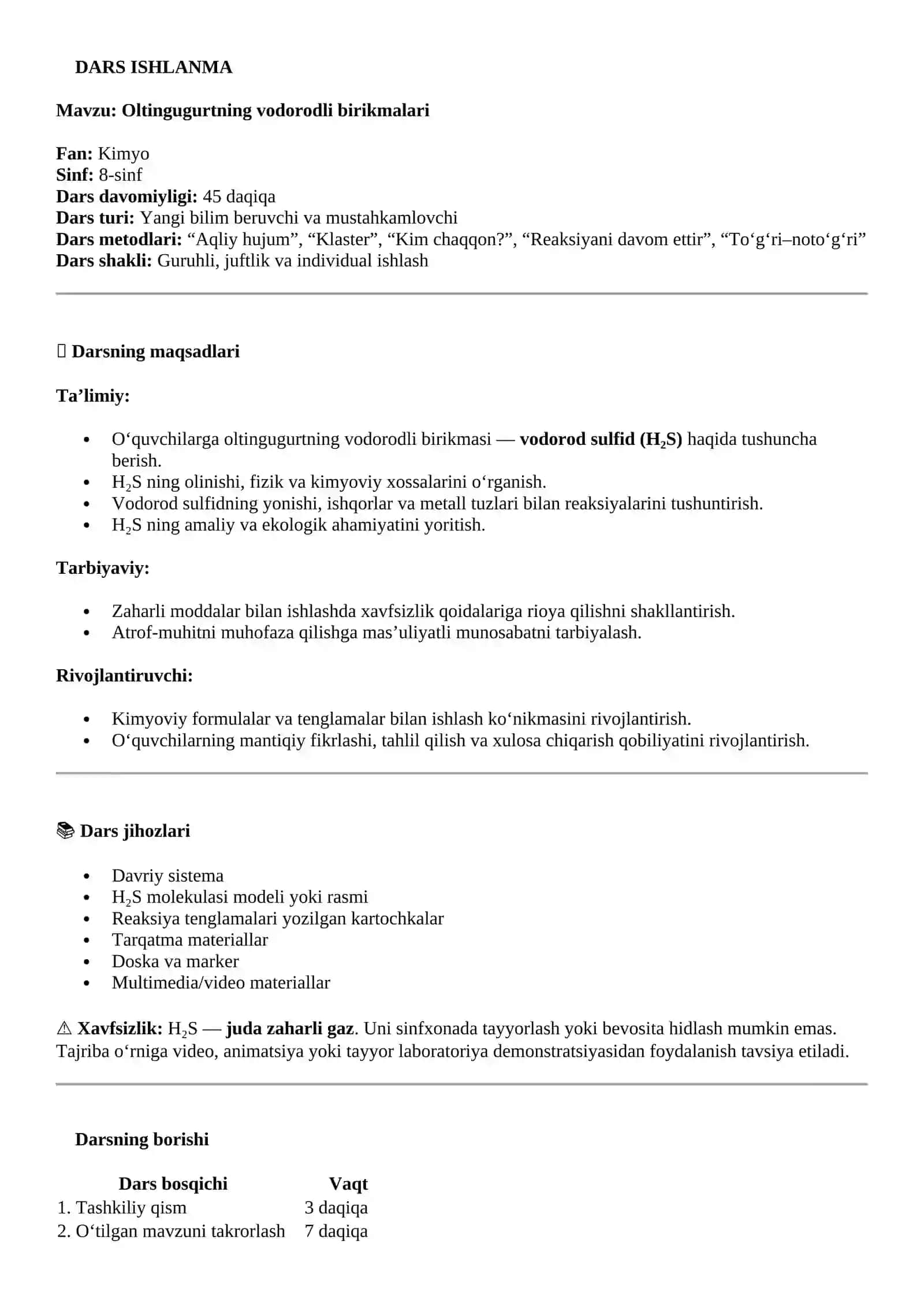 Oltingugurtning vodorodli birikmalari 2