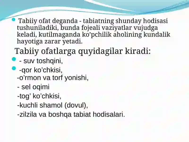 Tabiiy,texnogen,ekologik va ijtimoiy tusdagi favqulotda vaziyatlarni hayot faoliyati xavfsizligi va fuqoro muhafasi 2