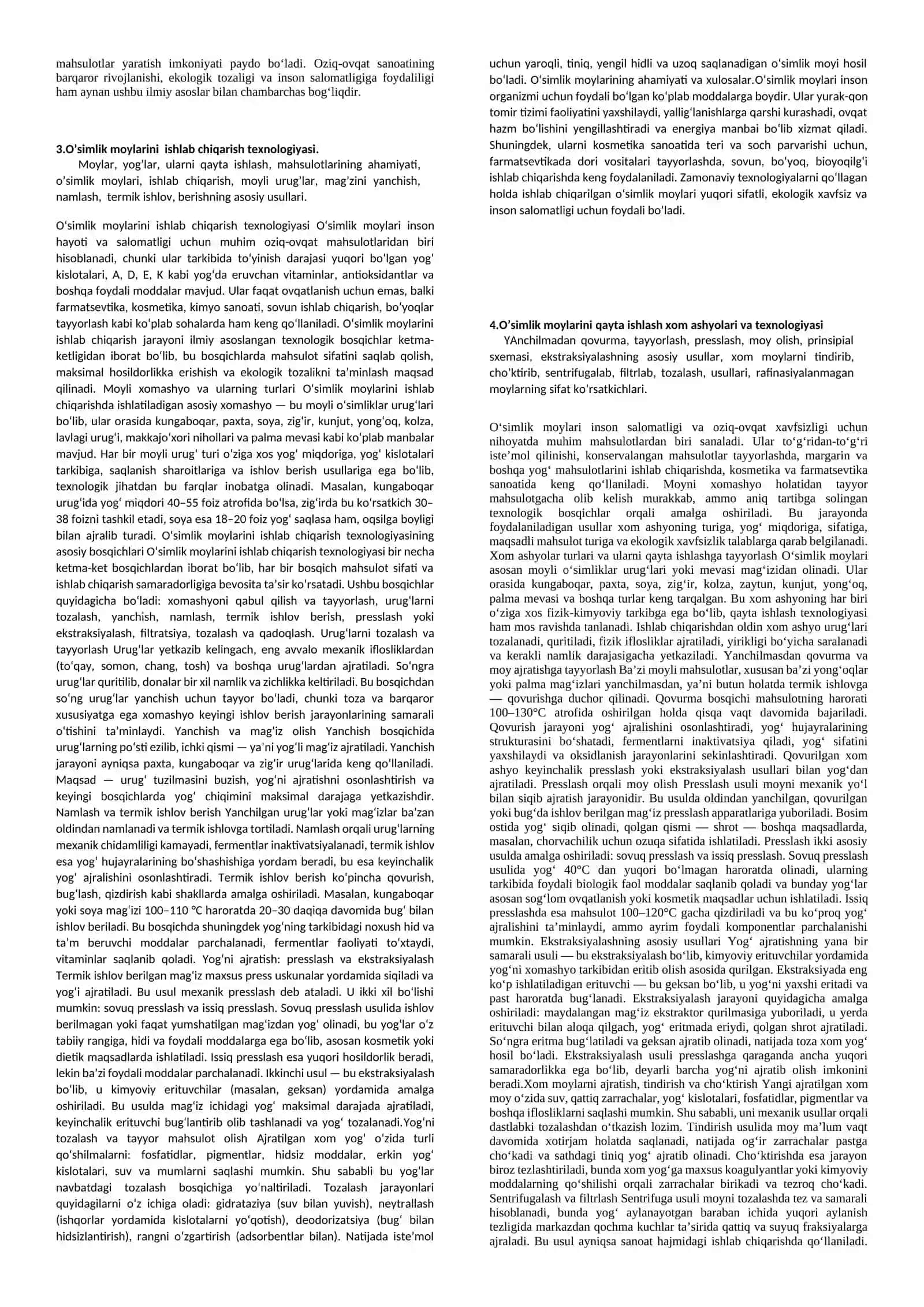 Oziq-ovqat texnologiyasi asoslari fanining mazmuni 2