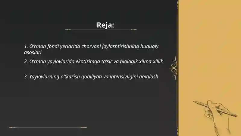 Oʻrmon fondi yerlarida chorva boqish va yaylov sifatida foydalanish.Yem hashak oʻtlar 2