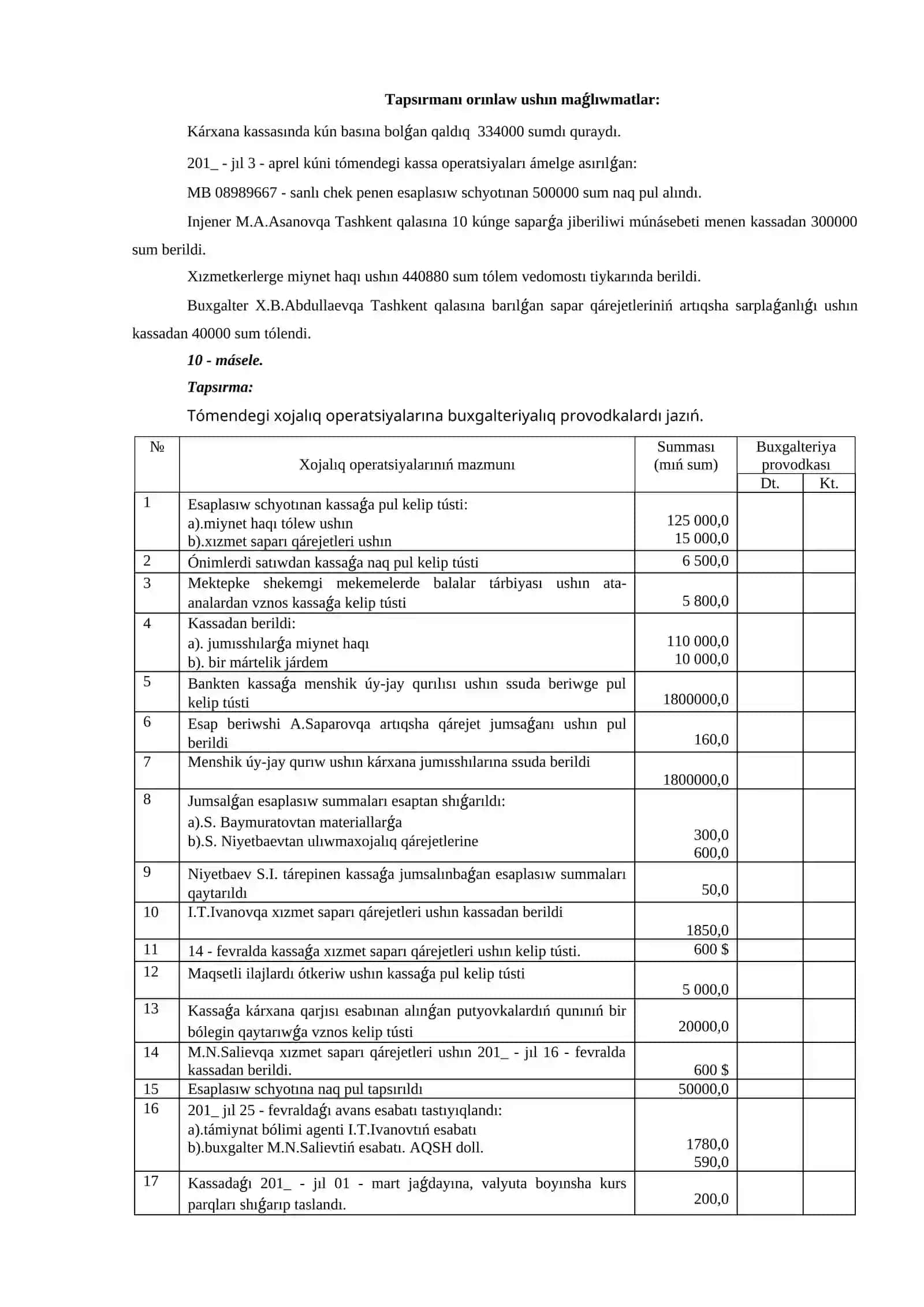 Aqsha qarjılarınıń hám esaplasıw operatsiyalarınıń esabı 2
