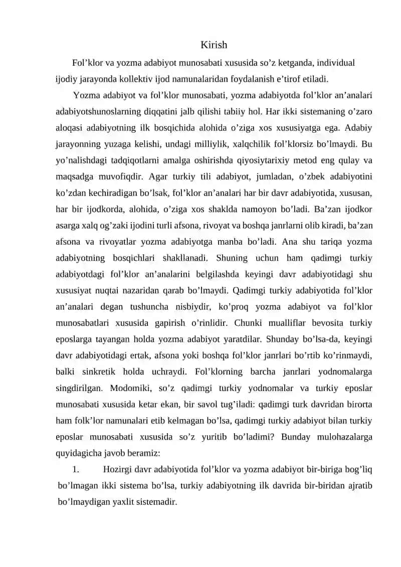 Qadimgi turkiy adabiyot va folklorning o’zaro munosabati Kurs ishi 2