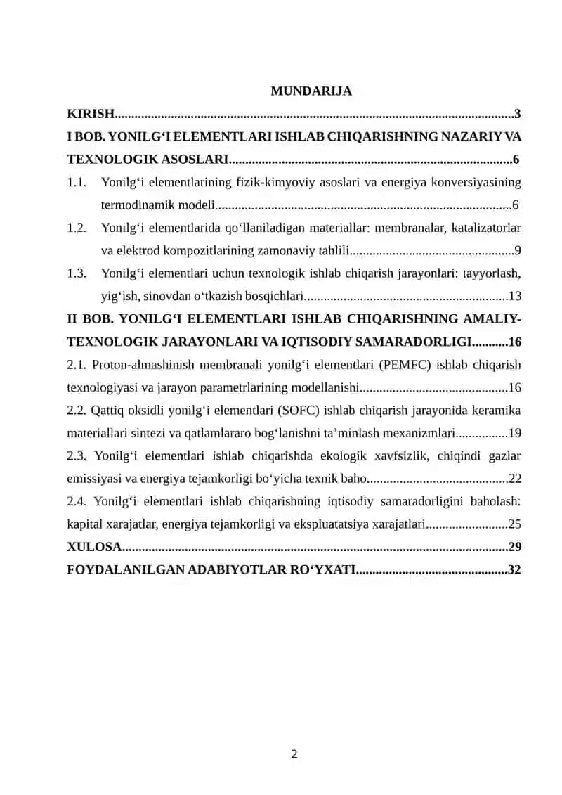 Yonilgi elementlarni ishlab chiqarish KURS ISHI 2