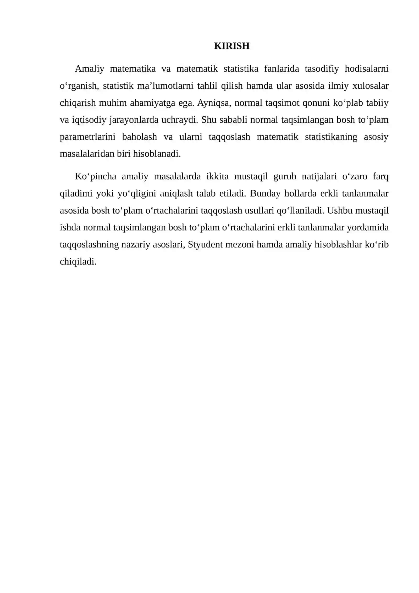 NORMAL TAQSIMLANGAN BOSH TO‘PLAM O‘RTACHALARINI ERKLI TANLANMALAR ASOSIDA TAQQOSLASH 2