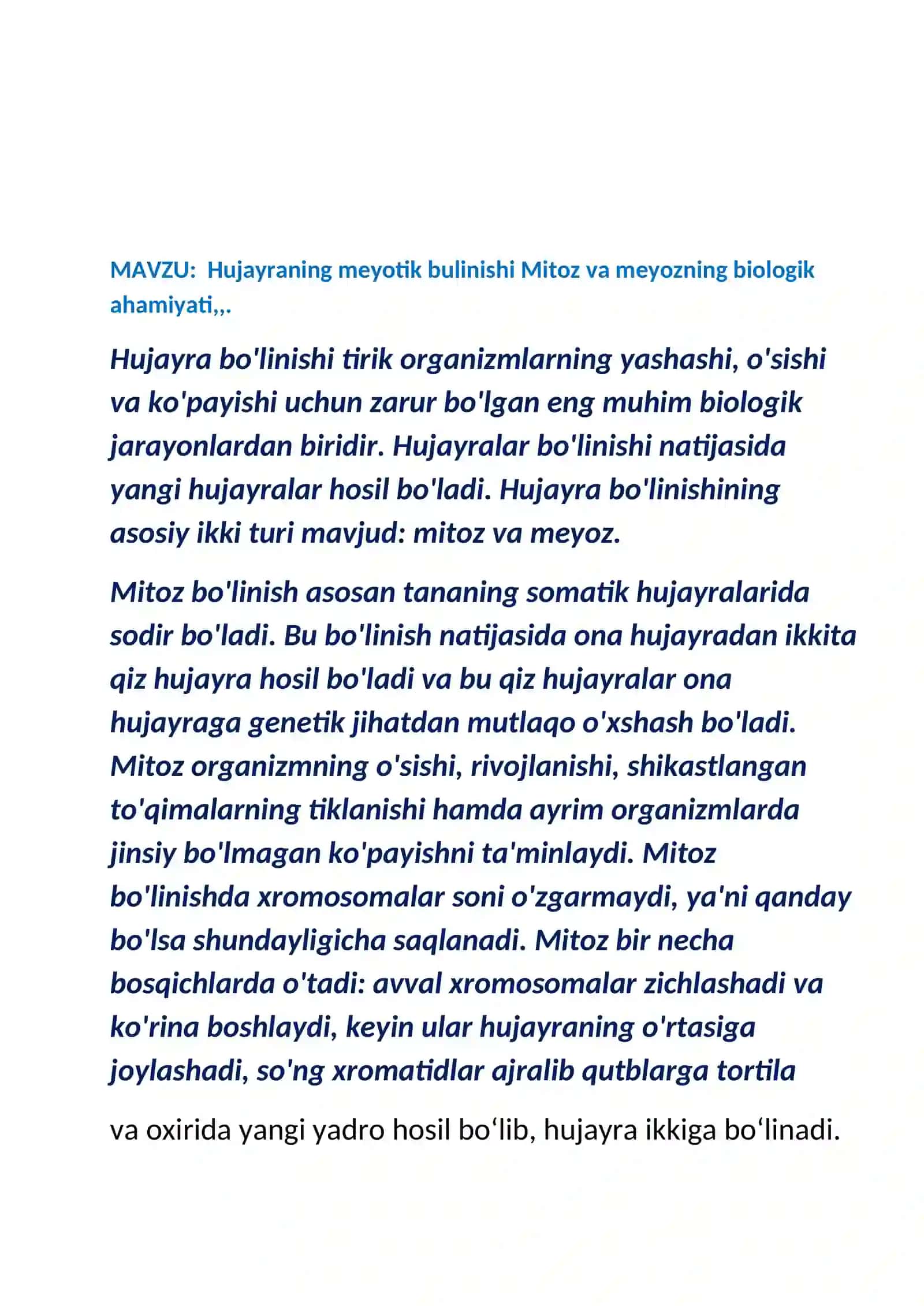 Hujayraning meyotik bulinishi Mitoz va meyozning biologik ahamiyati 2