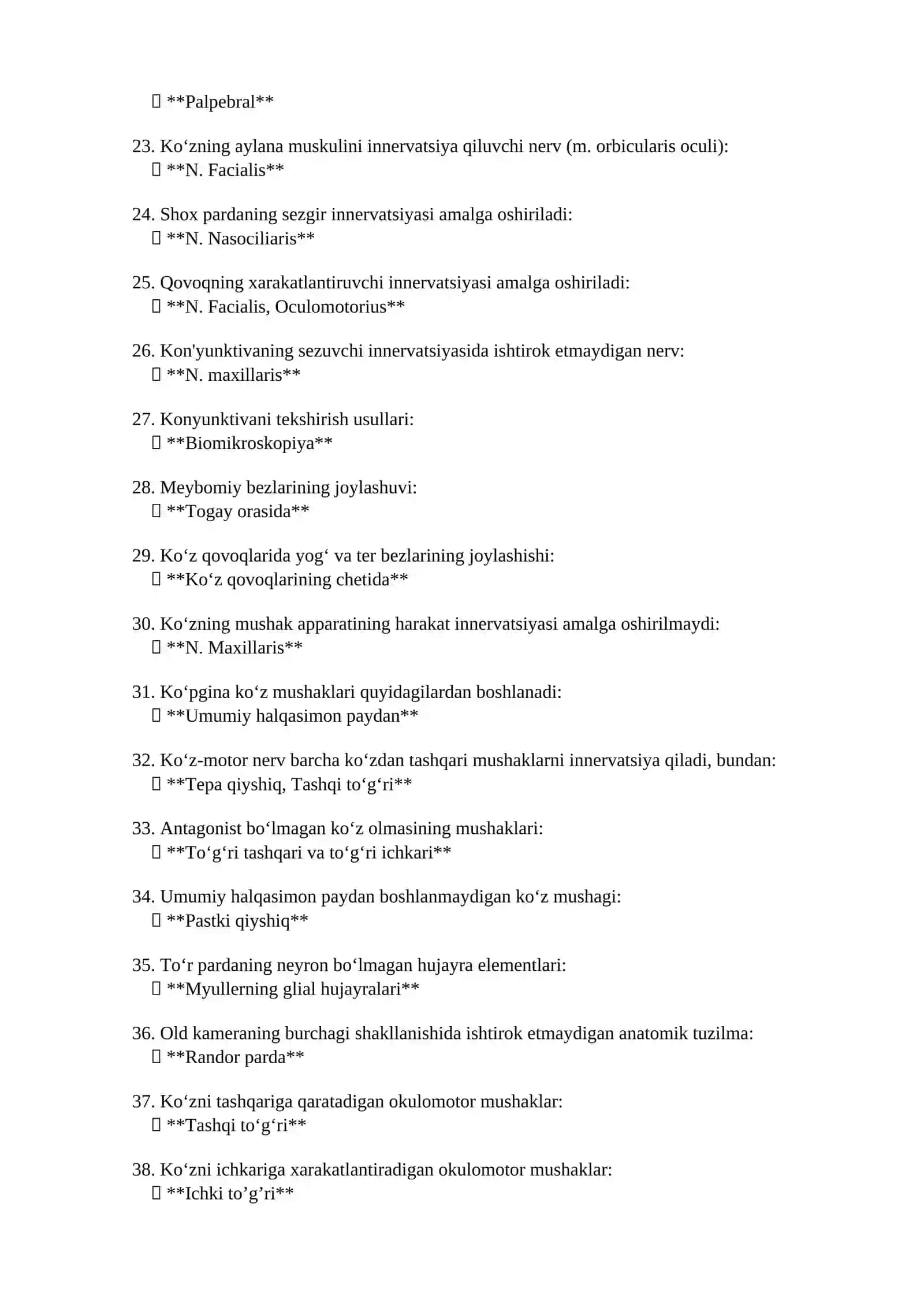 Oftalmologiya mutaxassisligi boʻyicha shakllantirilgan test savollari roʻyxati javoblari bilan 2